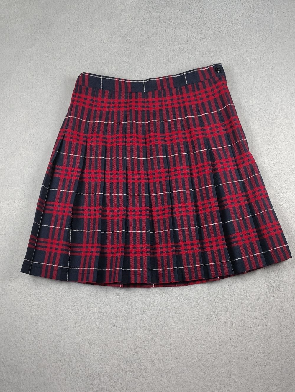 Lands' End Kids Red & Navy Plaid Girls Pleated Uniform Skirt Below Knee Size 8+
